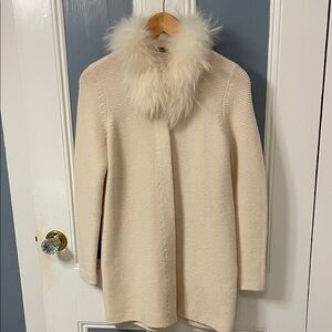 Cream Knit Women's Cardigan with Faux Fur Collar